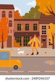 Autumn mood landscape. Woman walking with dog on leash on city town street. Fall scenery season. Fun outdoors, flat cartoon vector illustration. Street and road, girl with pet