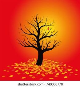 Autumn mood - leafless tree with one last single leaf. Isolated vector illustration on warm red gradient background.