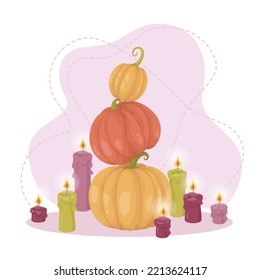Autumn mood: lighted candles around pumpkins. Halloween. Vector illustration