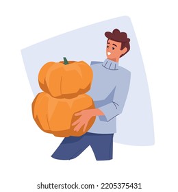 Humor otoñal. Hombre con calabazas. Imagen vectorial.