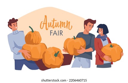 Autumn mood. Man and woman with pumpkins. Vector image.