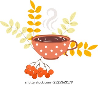 Sentimiento de otoño. Una taza de café caliente junto a hojas de serrano y bayas. Colección de otoño. 