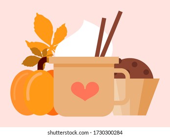 Autumn mood, october, season fallen, yellow dry leaves, colorful inspirational poster, design, flat style vector illustration. Large orange pumpkin, cup hotly tasty drink, chocolate cupcake good mood