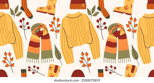 Autumn mood pattern . Fall season clothing and accessories. Flat doodle elements. Hand drawn set with, branch with berry , rubber boots, scarf hat, socks Cute cozy colorful flat autumn fall elements 