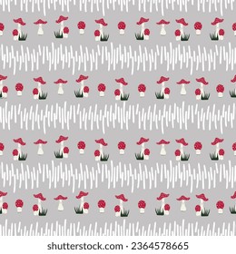 Autumn mood pattern with fly agaric mushrooms and lines. Endless vector texture on warm grey background. Print for home textile, kids wear, wrapping paper, scrapbook paper.