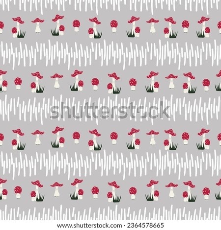 Autumn mood pattern with fly agaric mushrooms and lines. Endless vector texture on warm grey background. Print for home textile, kids wear, wrapping paper, scrapbook paper.