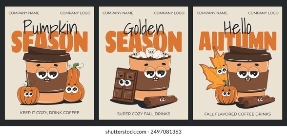 Carteles de sentimiento de otoño en estilo retro groovy. Tazas de café y cacao con sabores otoñales. Calabaza, jarabe de arce, chocolate, canela. Diseño de póster con personajes lindos y acogedores para cafetería, cafetería.