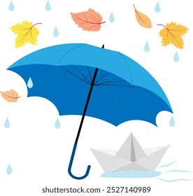 Autumn mood. Rain, paper boat, umbrella, leaves. Autumn collection. 