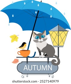 Autumn mood. It's raining, a cat is sitting with a blue umbrella next to a bird on a mug and a lantern. Autumn collection.