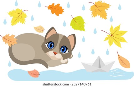  Autumn mood. A sad kitten lies near a puddle with a paper boat and autumn leaves.  Autumn collection.