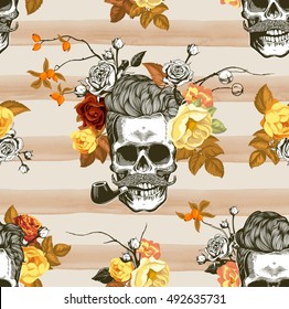 Autumn mood. Seamless background pattern with skulls, flowers and leaves. Skull silhouette in engraving style. Vector