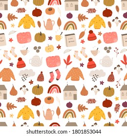 Autumn mood seamless pattern with cozy pleasures, sweaters, socks, books, pumpkins. Welcome fall season thanksgiving background for fabric textile, packaging. Vector illustration in flat cartoon style