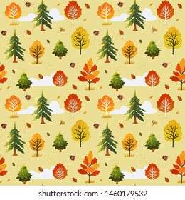 Autumn mood seamless pattern with different colorful trees and foliage that can be used for wrapping paper designs, textures, wallpaper, fabric, print for home decor or packaging backgrounds.