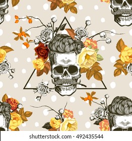 Autumn mood. Seamless pattern with the skulls, autumn flowers and leaves in the background. Skull silhouette in engraving style. Vector