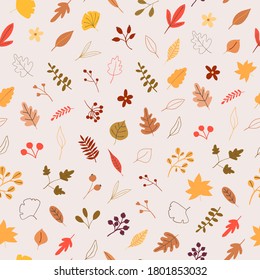 Autumn mood seamless pattern with yellow, orange leaves, berries. Welcome fall season thanksgiving background. Minimalist nature for fabric textile, packaging. Vector illustration flat cartoon style