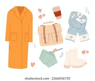 Autumn mood. Autumn season clothing and accessories. Flat vector elements. Painted autumn coat, coffee, autumn shoes, heat, warm scarf, umbrella, bag. Cute cozy colorful illustration isolated on white