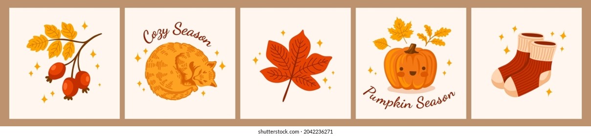 Autumn mood. Set of cute colored trendy vector illustrations. Hand drawn kawaii cozy fall elements. Sleeping red cat, maple leaf, warm socks, funny pumpkin and berry. Greeting card, poster, postcard.