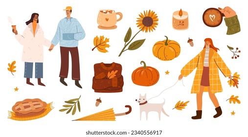 Autumn mood set of cute element. Fall season. Cartoon people walking with dog, hot tea and pie, umbrella and woman walking with dog, icon for party, fall festival or Thanksgiving day