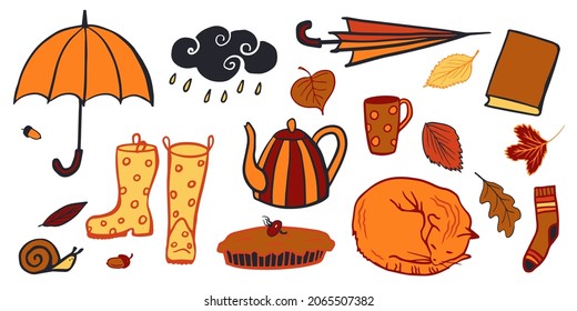 Autumn mood set: falling leaves, umbrella, cat, boots, snail, kettle, pie, mug, book and other. Fall season elements for scrapbook, card, poster, invitation, sticker kit design. Vector illustration.
