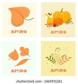 Autumn mood. Set of four color vector illustrations. Flat design. Greeting Cards. Vector isolate on white background.
