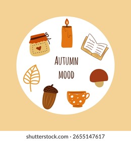 Autumn mood set in round frame. Autumn cozy elements.