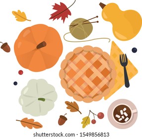 Autumn mood. Set of season attributes: pumpkins, pie, cocoa, and leaves. Decorative design elements isolated on white.