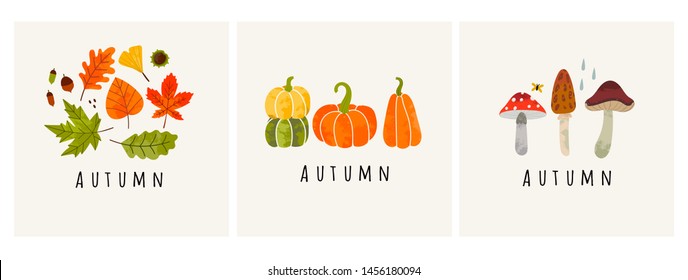 Autumn mood. Set of three colored trendy vector illustrations. Hand drawn various mushrooms, pumpkins and leaves. Flat design. Stamp texture. Greeting cards. Every illustration is isolated