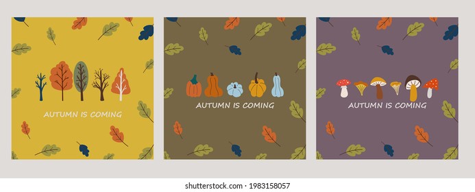 Autumn mood. Set of three colored trendy vector illustrations with mushrooms, pumpkins and trees. 