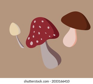 Autumn mood. Set of three colored trendy vector illustrations. Hand drawn various mushrooms, pumpkins and leaves. Flat design. Stamp texture. Greeting cards. Every illustration is isolated