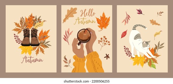 Humor otoñal. Conjunto de tres ilustraciones vectoriales de moda de color. La mano dibujó varias hojas de otoño, las manos con una taza de café, botas viejas. Diseño plano.  Tarjetas de felicitación, afiches, íconos de medios sociales. 