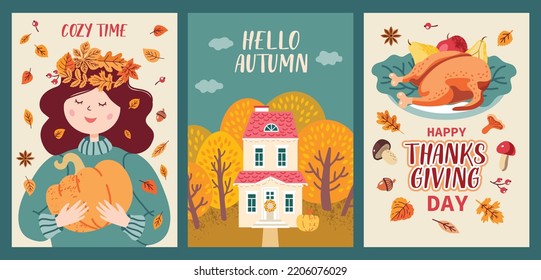 Autumn mood. Set of three colored trendy vector illustrations. Thanksgiving day. Flat design.