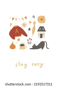 Autumn mood. Stay cozy greeting card, poster with warm sweater, cute cat, house, falling leaves, pumpkin. Set of fall elements. Colored cartoon flat vector illustration isolated on white background