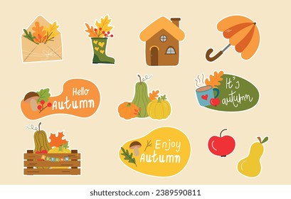 Autumn mood stickers pack set vector illustration. Cartoon autumn hand drawn collection with fall leaves, pumpkins, mushrooms, small house and hand drawn lettering.