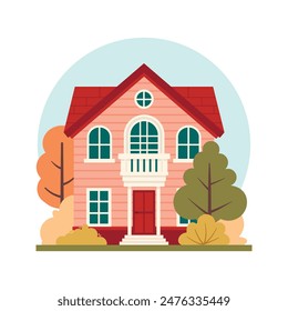 Autumn mood. Street suburb district house isolated on white background. Flat vector illustration