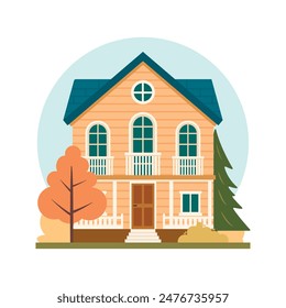 Autumn mood. Street suburb district house isolated on white background. Flat vector illustration