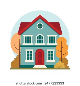 Autumn mood. Street suburb district house isolated on white background. Flat vector illustration