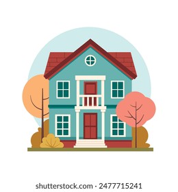 Autumn mood. Street suburb district house isolated on white background. Flat vector illustration