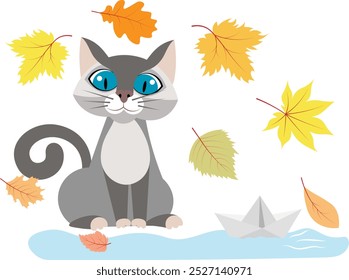 Autumn mood. Surprised cat near a puddle with a paper boat, autumn leaves. Autumn collection.