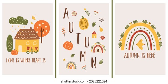 Autumn mood. Thanksgiving poster templates set. Cute houses landscape. Fall rainbow. Fall season nature cards. Hand drawn vector illustration. Pumpkin, leaves, flowers. Autumn is here. Village poster.