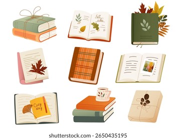 Autumn mood Vector books collection with cozy seasonal elements. Warm textured illustrations with leaves, tea and notes for fall card, banner, poster, print or decor project Decorative rustic clipart