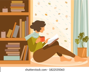 Autumn mood vector flat illustration. Rain outside the window. Fall season nature. Cozy home for autumn. Young woman reading a good book and drinking a steaming cup of coffee or tea.