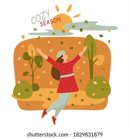 Autumn mood vector flat illustration. Fall season nature. Cozy season. Young woman walks in sunny forest park enjoying fresh air and shining light.