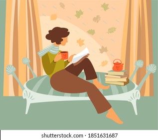 Autumn mood vector flat illustration. Rain outside the window. Fall season nature. Cozy home for autumn. Young woman reading a good book and drinking a steaming cup of coffee or tea.