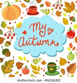 The autumn mood vector illustration in hand drawn style. Vector sketch. Pumpkin, autumn leaves, acorn, apple, cup of tea or coffee.