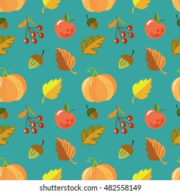 The autumn mood vector pattern in hand drawn style. Vector sketch. Pumpkin, autumn leaves, acorn.
