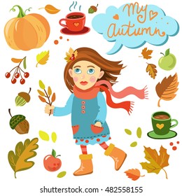 The autumn mood vector pattern in hand drawn style. Vector sketch. Pumpkin, autumn leaves, acorn.