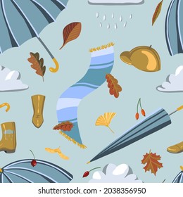 Autumn mood vector seamless pattern. Fall season accessories, umbrellas, leaves, clouds. Simple style colored ornament. Abstract cartoon design for print, background, wallpaper, textile, fabric, decor