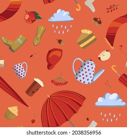 Autumn mood vector seamless pattern. Fall season accessories, umbrellas, cozy tea attributes, clouds. Colored ornament, abstract cartoon design for print, background, wallpaper, textile, fabric, decor