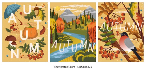 Autumn mood. Vector set of hand drawn illustrations. Fall season posters, Bullfinch bird on a tree, nature autumn landscape with river and forest