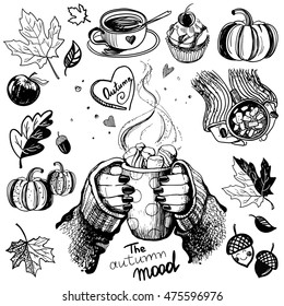 The autumn mood vector set in hand drawn style. Cup of coffee in the hands, cupcake, autumn  leaves. 